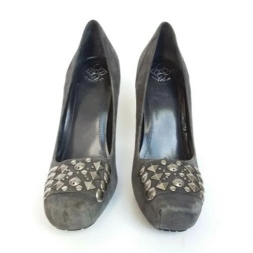 BCBG Galena Suede Square-toe Embellished Heels Gray 7.5